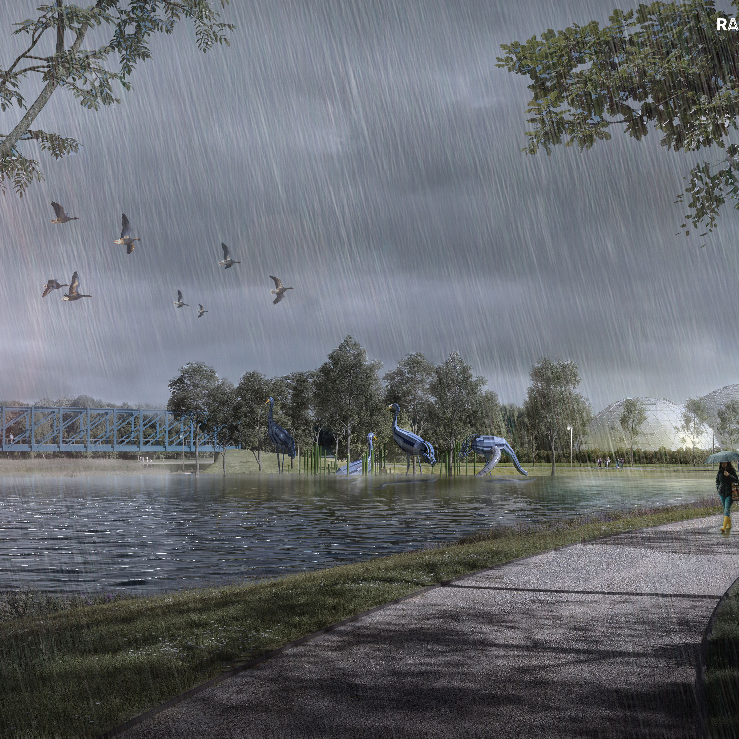 Visualisering af hvordan der vil se ud ved Justesens Plæne ved stormflod.