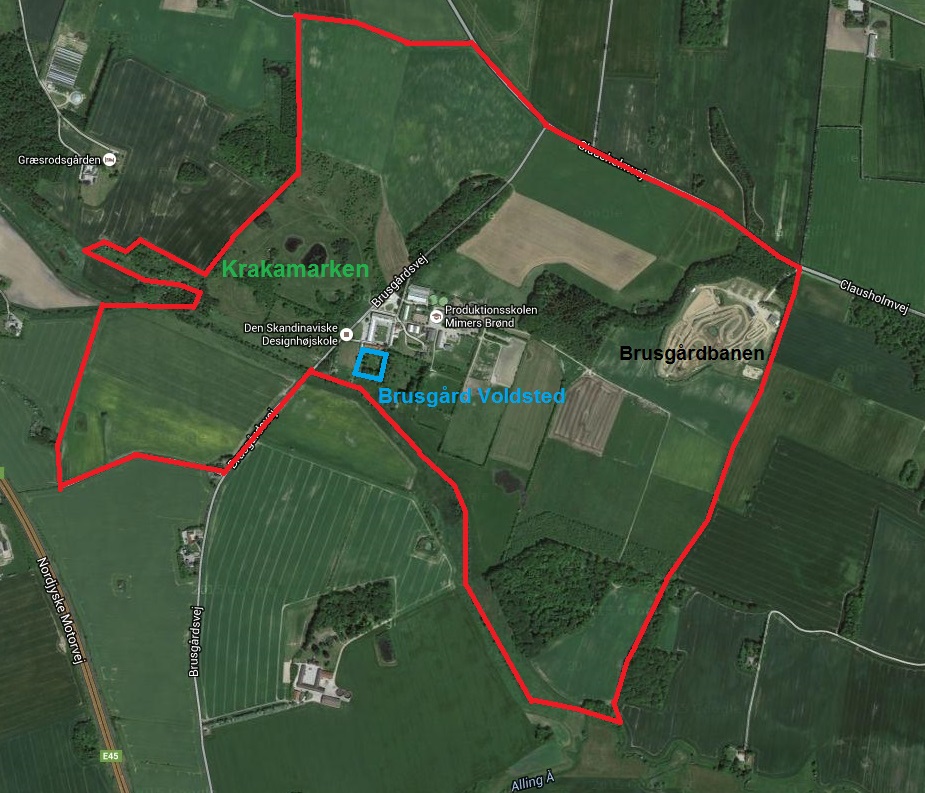 Kort over ruten ved Krakamarken og Brusgårds Jorder