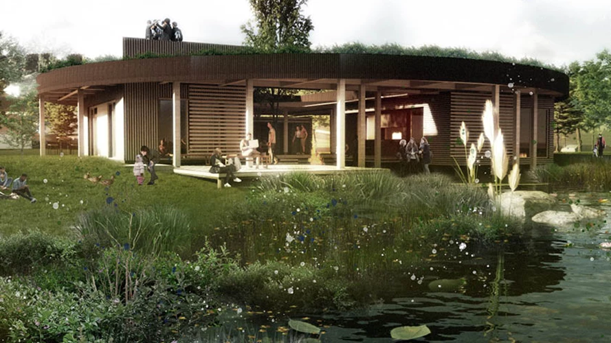 Visualisering af Aalbæk Klyngehuset med træfacade og omringet af skøn natur