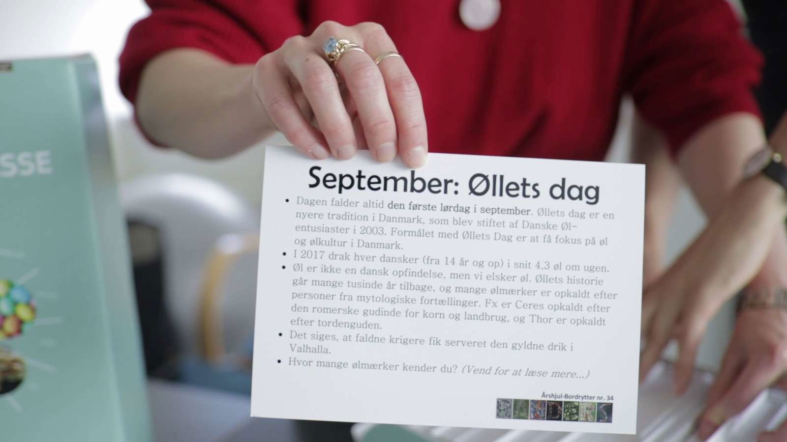 Kort fra mærkedagkasse som beskriver øllets dag