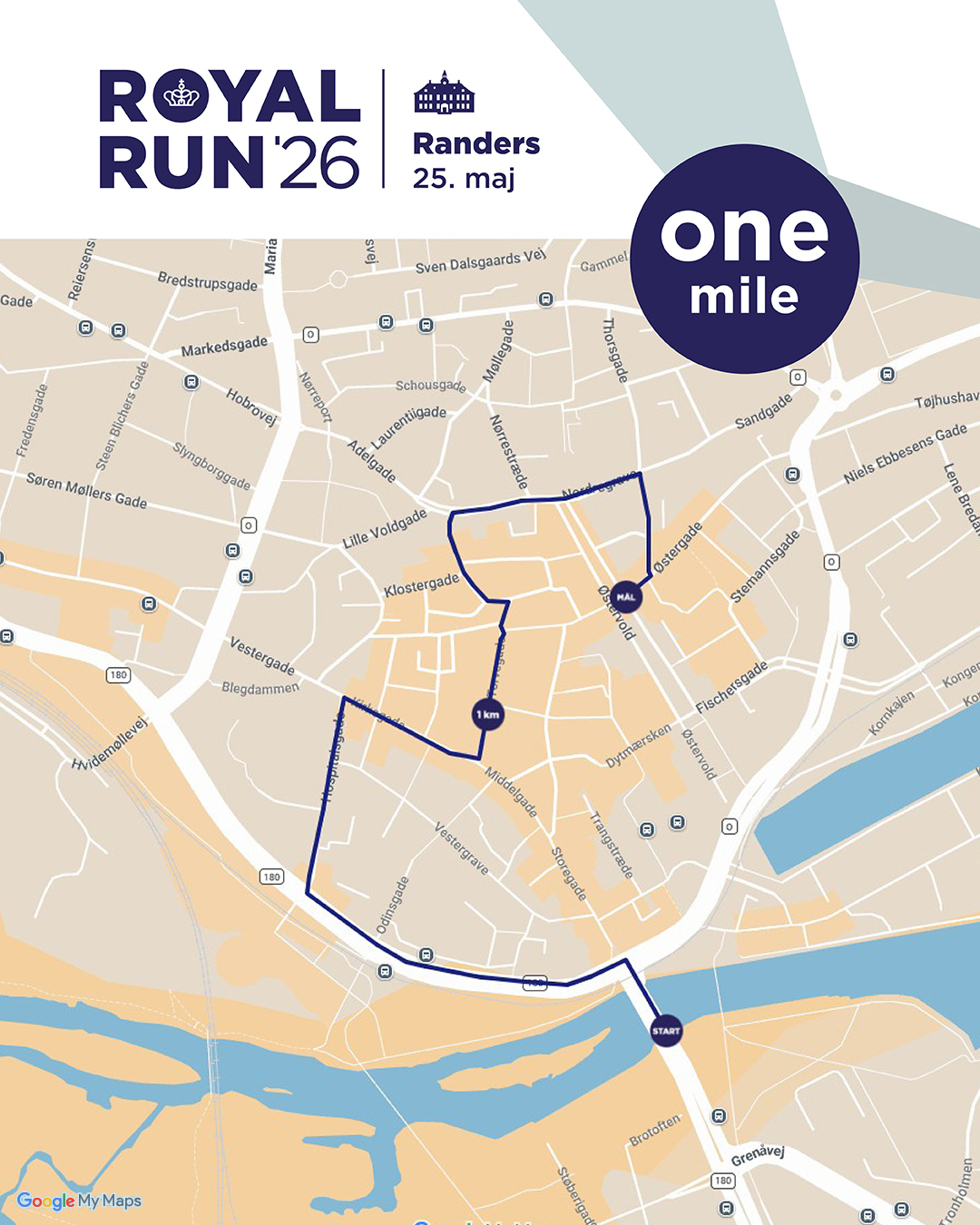 Kort over one mile-ruten til Royal Run i Randers